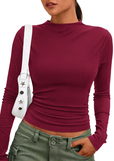 PRETTYGARDEN Womens Tops Casual Mock Neck Long Sleeve Shirts | Soft Stretchy Ribbed Knit, Ruched Slim Fit, Going Out Tops, Work, Date Outfits, Y2K Clothes, 2026 Fall Winter Basic Layering