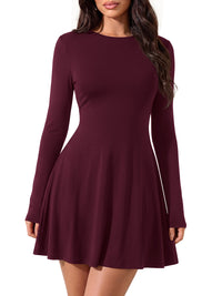 PRETTYGARDEN Womens Fall Mini Dress 2026 Crewneck Long Sleeve Tie Back Waist A Line Flowy Casual Dresses Fashion Outfits