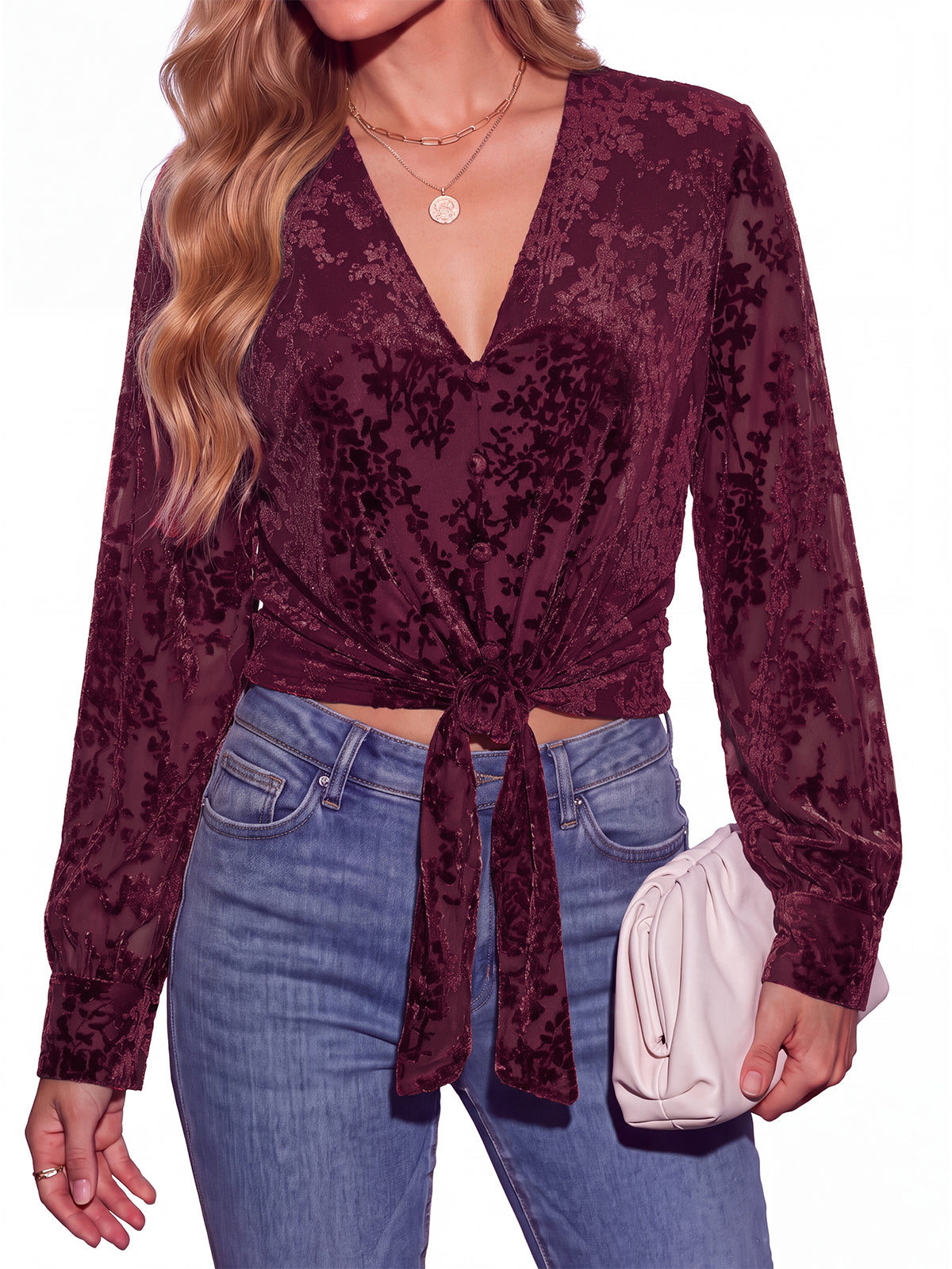 PRETTYGARDEN Women Double Lined Long Sleeve Shirts Tie Knot Front Crop Tops Sheer Sleeves, Velvet Jacquard Floral, Delicate Decorate Button, Classic V Neck, Elegant Dressy Blouses, Casual Fall Outfits
