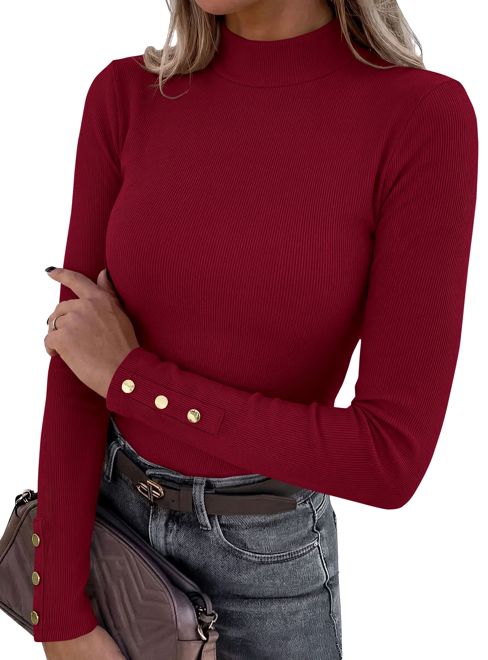 PRETTYGARDEN Women's Ribbed Mock Neck Long Sleeve Tops