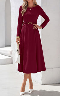 PRETTYGARDEN Women's Fall Long Sleeve Semi Formal Midi Dresses with Pockets Boat Neck, Metal Buckle Tie Waist, Flowy A Line, Elegant Classy Wedding Guest Cocktail Party Dress, Business Casual Outfits