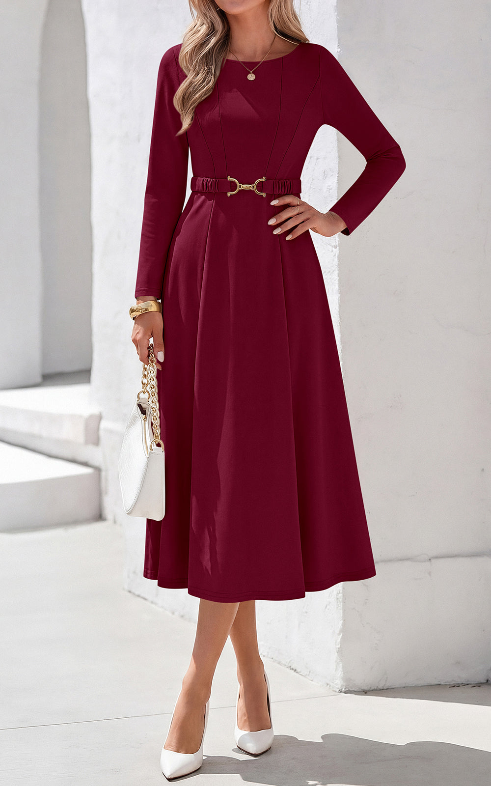 PRETTYGARDEN Women's Fall Long Sleeve Semi Formal Midi Dresses with Pockets Boat Neck, Metal Buckle Tie Waist, Flowy A Line, Elegant Classy Wedding Guest Cocktail Party Dress, Business Casual Outfits