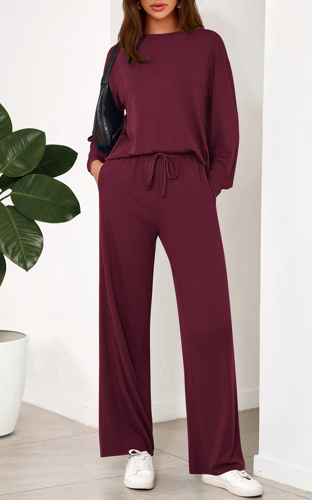 PRETTYGARDEN Womens 2 Pieces Lounge Sets Crewneck Long Sleeve Wide Leg Drawstring Pants Tracksuits Loose Fit Outfits Set