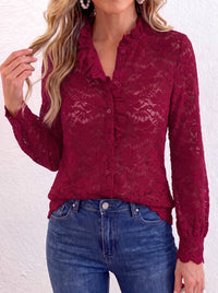 PRETTYGARDEN Women Lace Tops Button Down Long Sleeve Shirts  | Sheer Lace Button Shirts, Elegant Ruffle Collar Blouses, Eyelet Tops Dressy Casual, Date Night Outfit, Fall Fashion Clothing