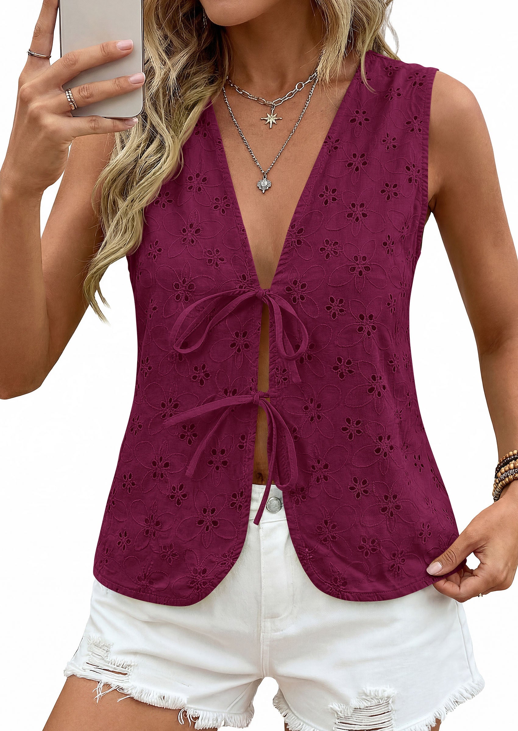 PRETTYGARDEN Women 2026 Summer Tie Front Eyelet Tank Tops Trendy Floral Vest Sleeveless V Neck Dressy Blouse Vacation Outfits PRETTYGARDEN