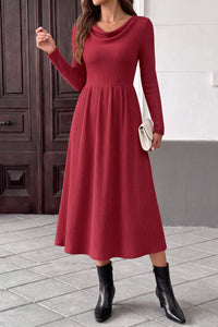 PRETTYGARDEN Women Casual Cowl Neck Long Sleeve Midi Dress