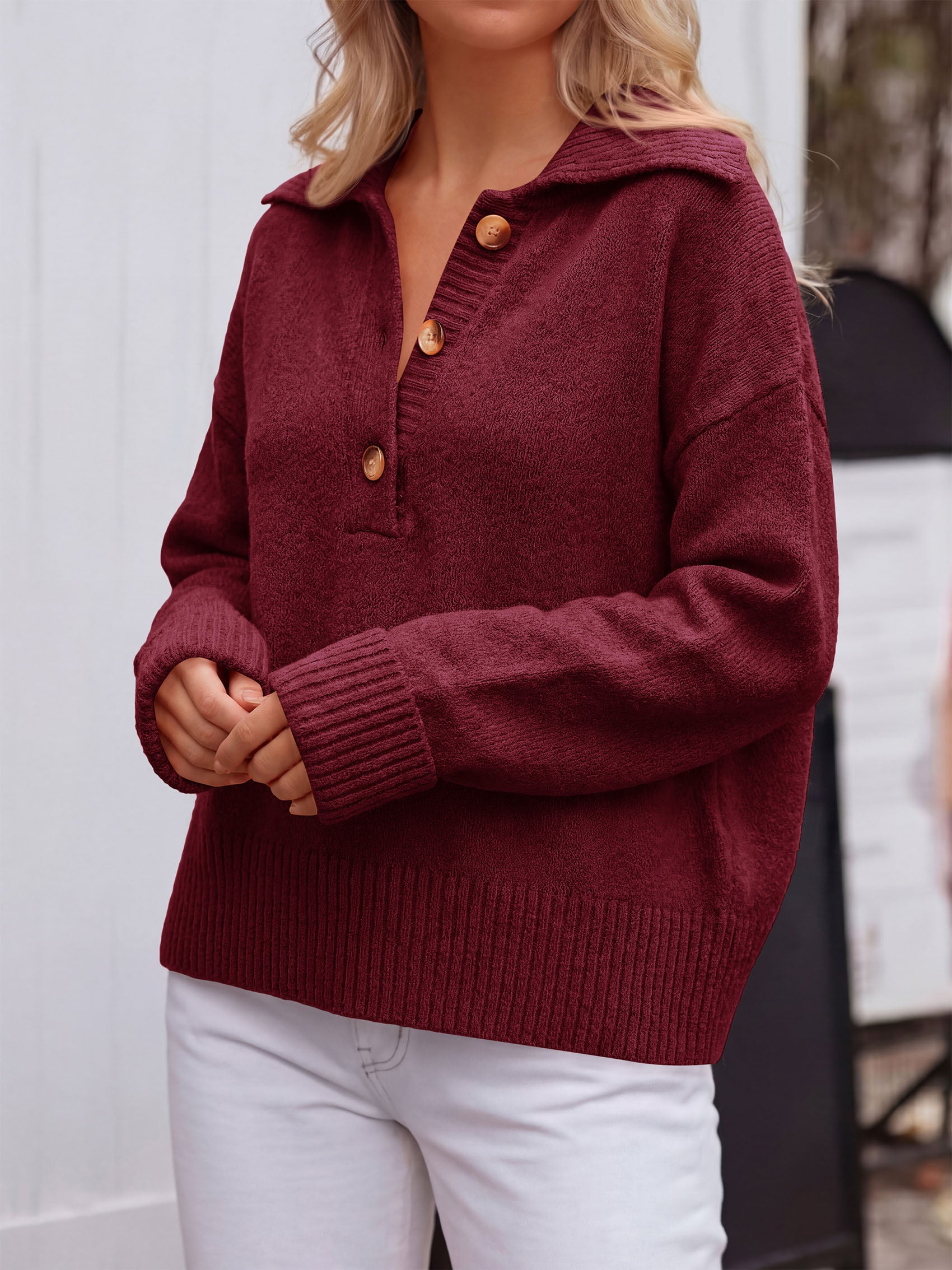 PRETTYGARDEN Womens Fall Long Sleeve Sweaters Button up V Neck Polo Shirts | Quarter Button Collared Tops, Ribbed Knit Comfy Shirts, Relaxed Fit Sweater Tops, Casual Fall Outfits for Women 2026