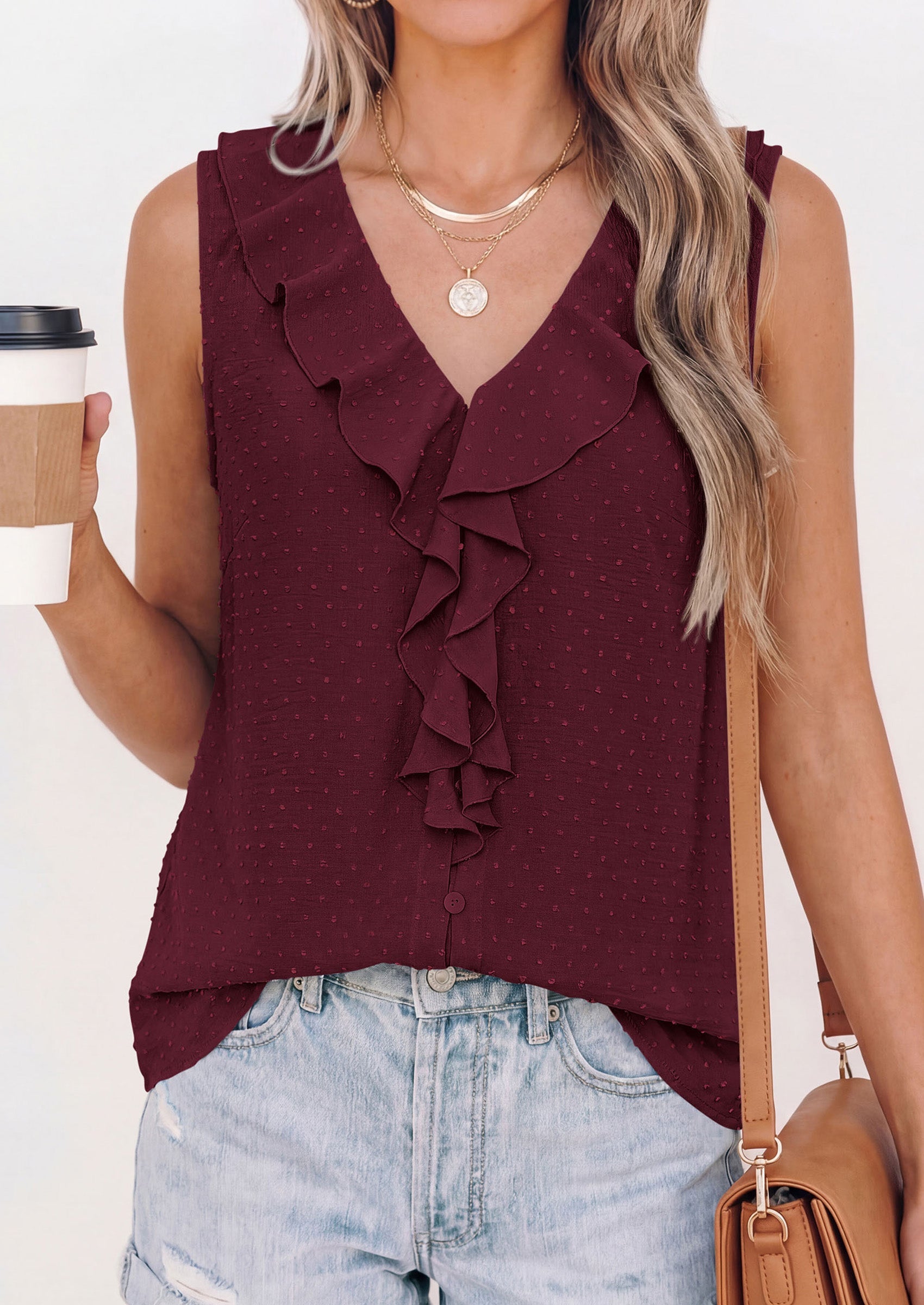 PRETTYGARDEN Womens Tank Tops 2026 Summer Dressy Casual Blouses Sleeveless Ruffle V Neck Swiss Dot Button Down Work Shirts PRETTYGARDEN