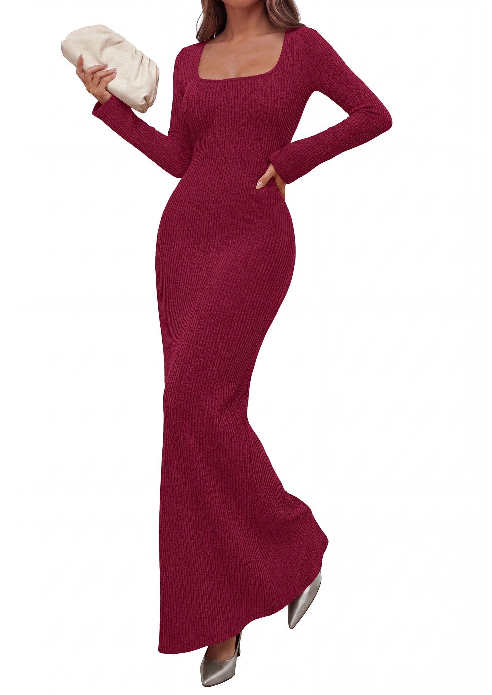 PRETTYGARDEN Women's Fall Long Sleeve Maxi Bodycon Dresses | Soft Stretchy Ribbed Knit, Bell Sleeve Square Neck Mermaid, Elegant Long Dress, Wedding Guest Party, 2026 Winter Clothing