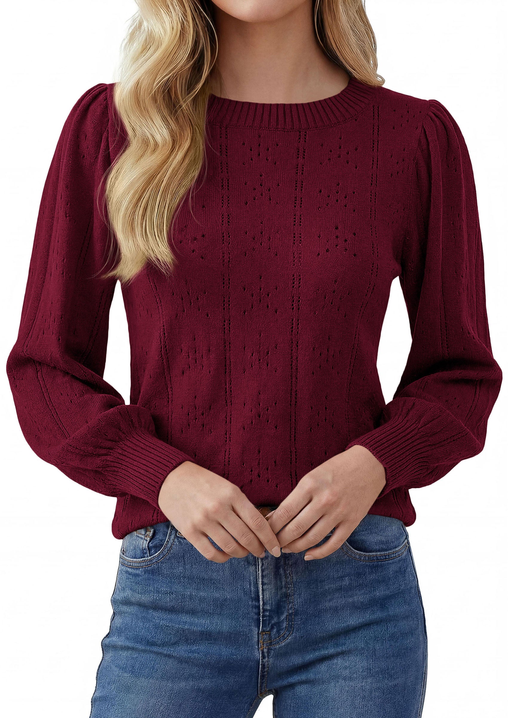 PRETTYGARDEN Women Fall Fashion Hollow Out Holiday Sweaters | Stretchy Cozy Knit, Puff Long Sleeve Pullover Tops, Crewneck Loose Fit, Dressy Casual Blouse, Trendy Winter Going Out Outfits