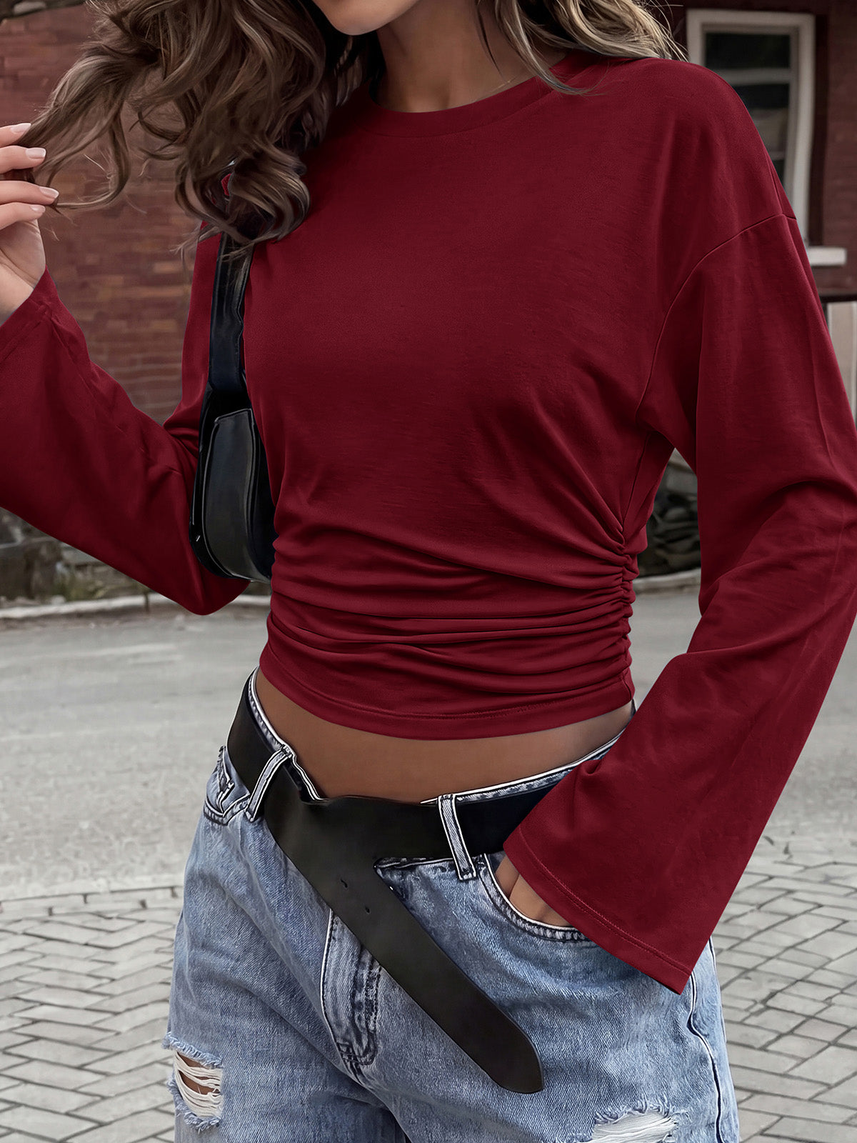 Classic Crewneck Ruched Waist Tee Shirts, Casual Fitted Cute Top, Soft Basic Layering, Y2k Fall Outfits, Fashion Clothing