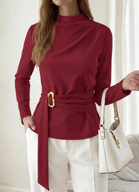 PRETTYGARDEN Women Blouses Fall Dressy Mock Neck Long Sleeve Work Shirts Buckle Belted Tunic Business Casual Tops