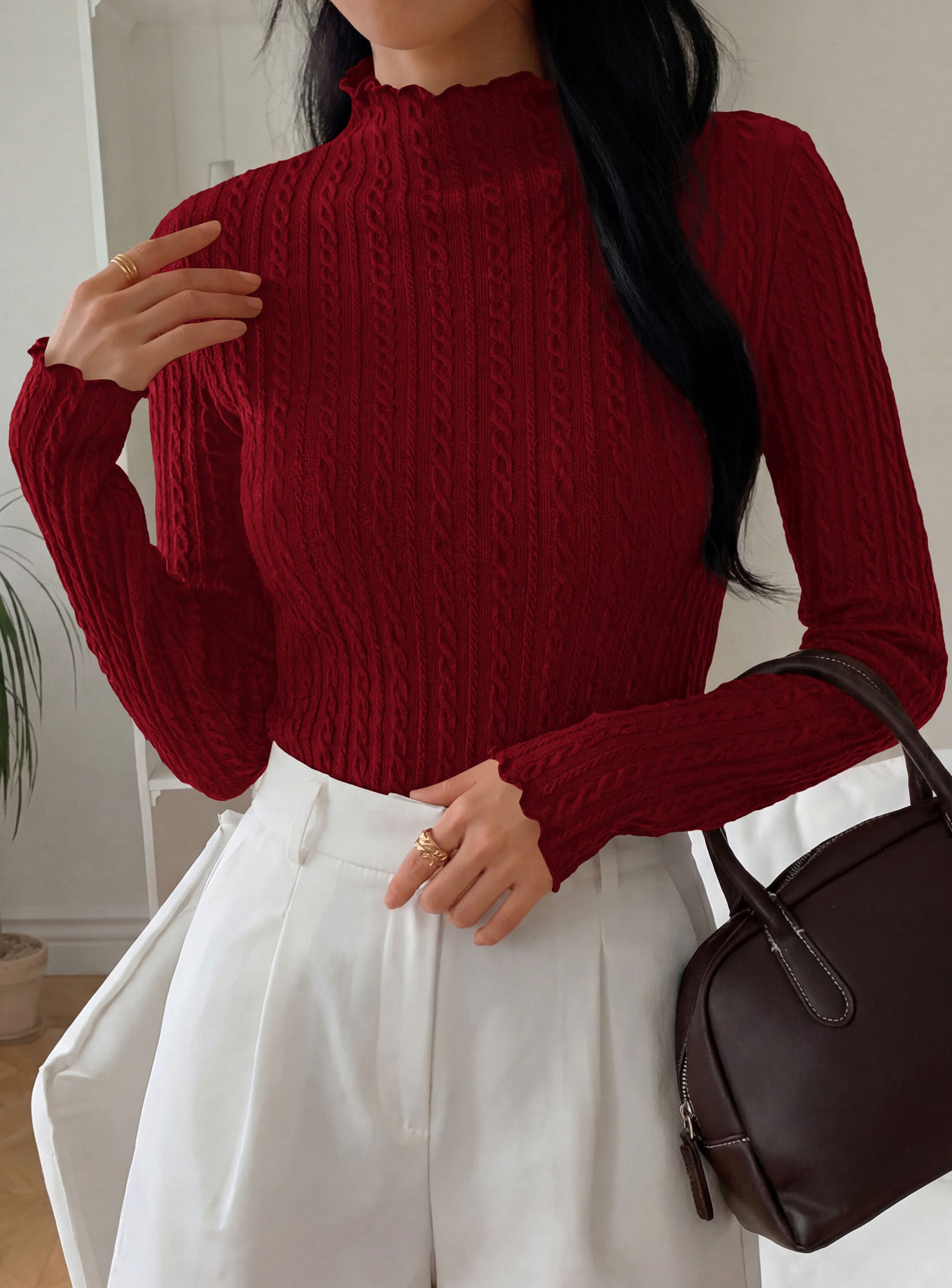 PRETTYGARDEN Women's Fall Long Sleeve Fitted Shirts | Comfy Stretchy Cable Knit, Trendy Lettuce Trim Mock Neck, Casual Basic Tees, Cute Layering Tops, 2026 Fashion Clothing