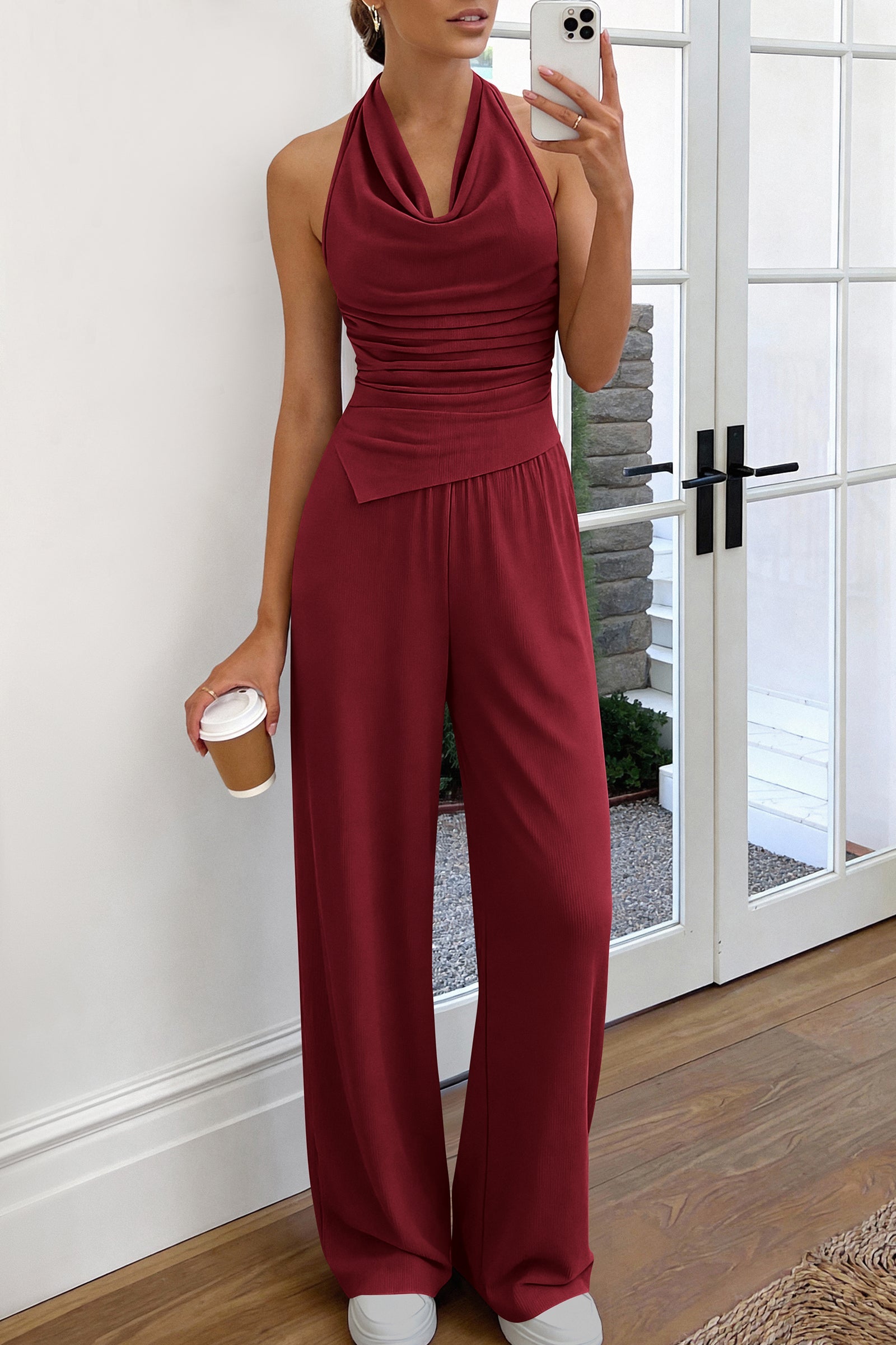 PRETTYGARDEN Women 2 Piece Lounge Sets Spring Fashion Halter Top Wide Leg Pants Summer Outfits Beach Vacation Clothes PRETTYGARDEN