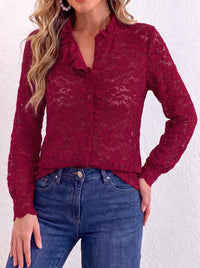 PRETTYGARDEN Women Lace Tops Button Down Long Sleeve Shirts  | Sheer Lace Button Shirts, Elegant Ruffle Collar Blouses, Eyelet Tops Dressy Casual, Date Night Outfit, Fall Fashion Clothing