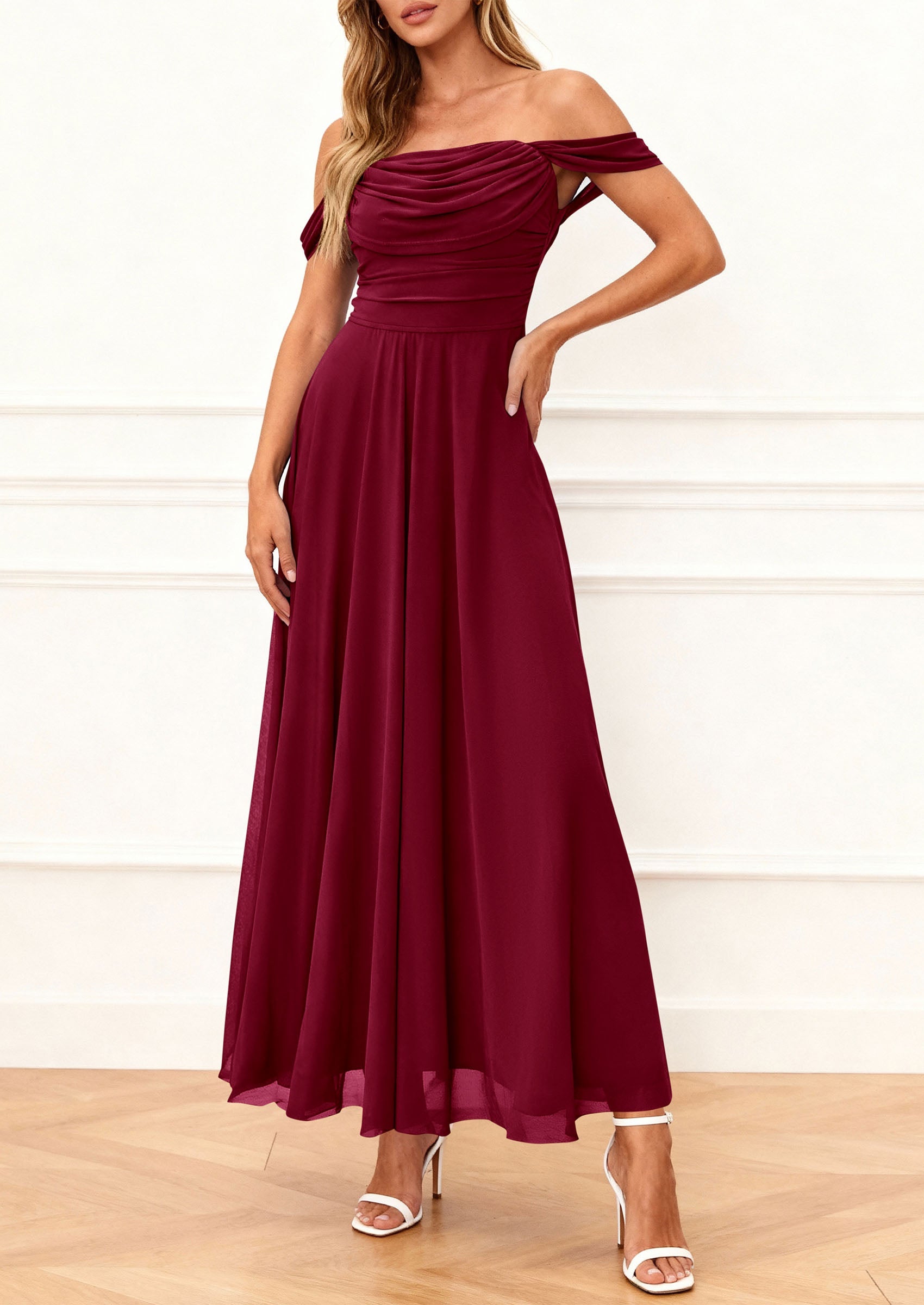 PRETTYGARDEN Womens Off Shoulder Maxi Summer Dresses 2026 Elegant Mesh Aline Swing Ruched Flowy Cocktail Wedding Guest Dress PRETTYGARDEN