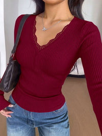 PRETTYGARDEN Women's Lace Trim Ribbed Knit Henley Long Sleeve Shirts Lightweight Button Up V Neck Pullover Tops, Dressy Casual Slim Fit Ladies Blouses, 2026 Early Fall Fashion Y2k Outfits