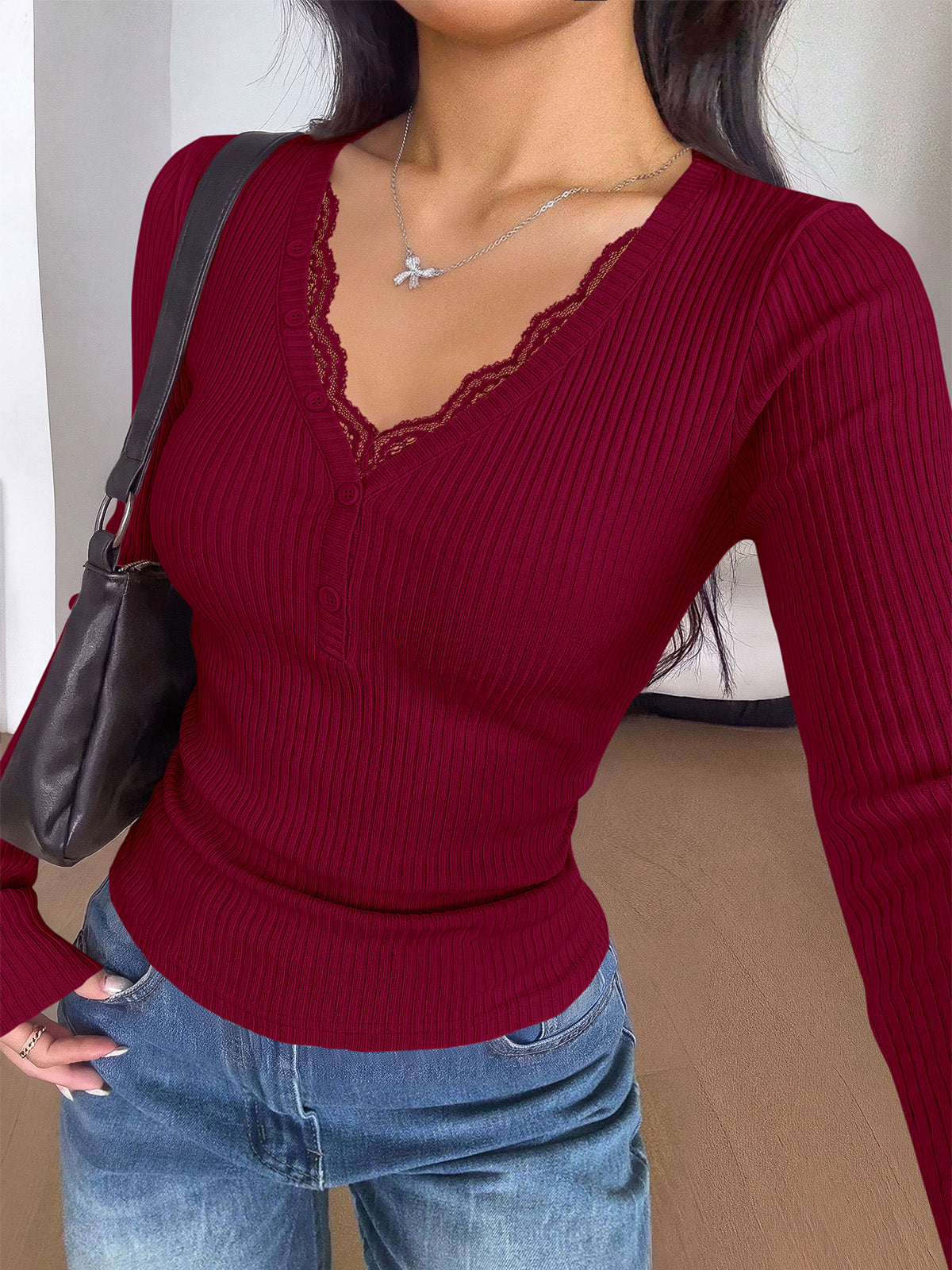 PRETTYGARDEN Women's Lace Trim Ribbed Knit Henley Long Sleeve Shirts Lightweight Button Up V Neck Pullover Tops, Dressy Casual Slim Fit Ladies Blouses, 2026 Early Fall Fashion Y2k Outfits