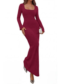 PRETTYGARDEN Women's Fall Long Sleeve Maxi Bodycon Dresses | Soft Stretchy Ribbed Knit, Bell Sleeve Square Neck Mermaid, Elegant Long Dress, Wedding Guest Party, 2026 Winter Clothing