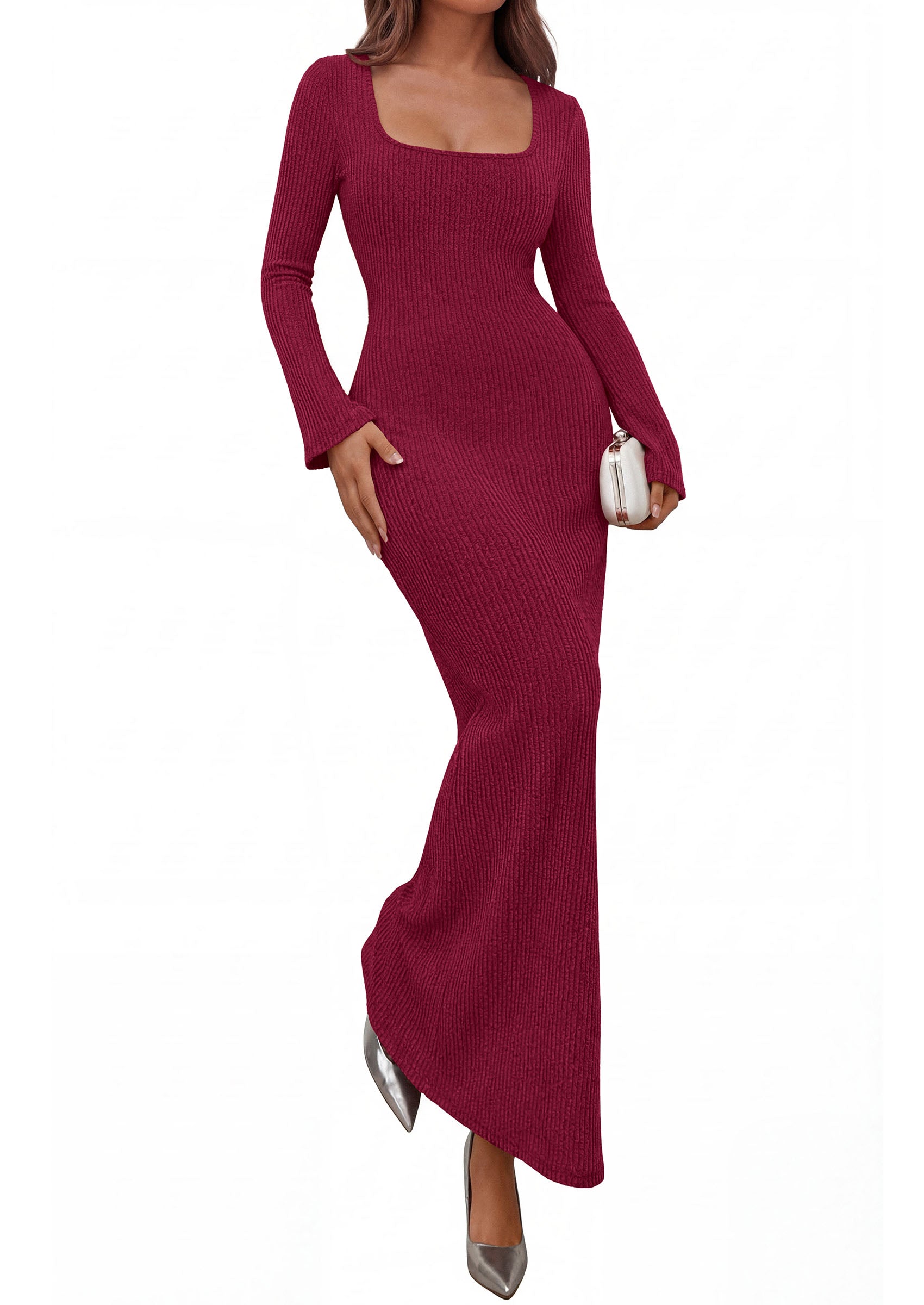 PRETTYGARDEN Women's Fall Long Sleeve Maxi Bodycon Dresses | Soft Stretchy Ribbed Knit, Bell Sleeve Square Neck Mermaid, Elegant Long Dress, Wedding Guest Party, 2026 Winter Clothing