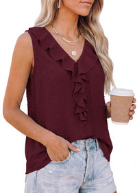 PRETTYGARDEN Womens Tank Tops 2026 Summer Dressy Casual Blouses Sleeveless Ruffle V Neck Swiss Dot Button Down Work Shirts PRETTYGARDEN
