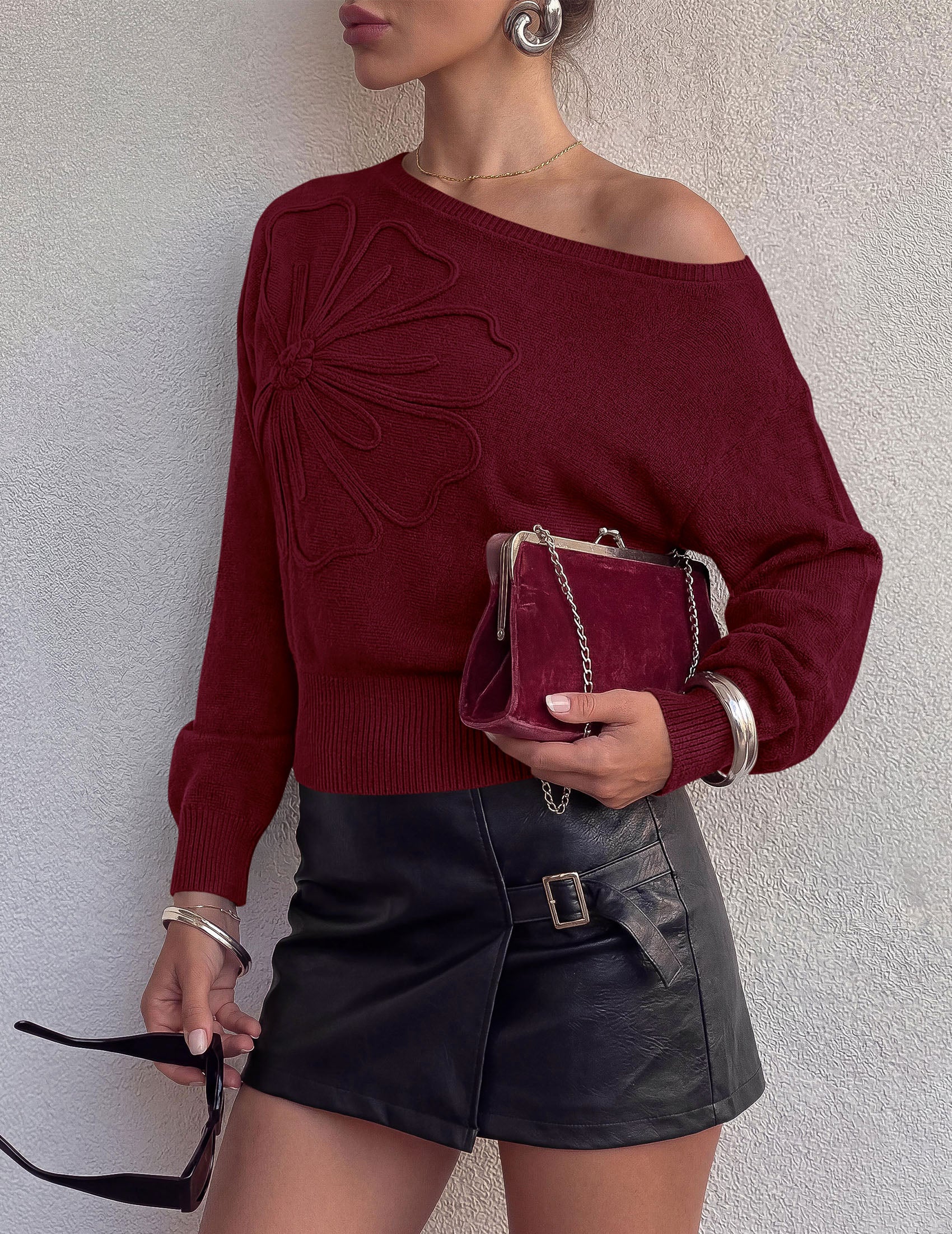 PRETTYGARDEN Women's Fall Off The Shoulder Sweater Tops   | 3D Flower Off Shoulder Sweater, Cinched Waist, Long Sleeve Cropped Sweaters, Knit Pullover Tops, Trendy Date Night Outfit