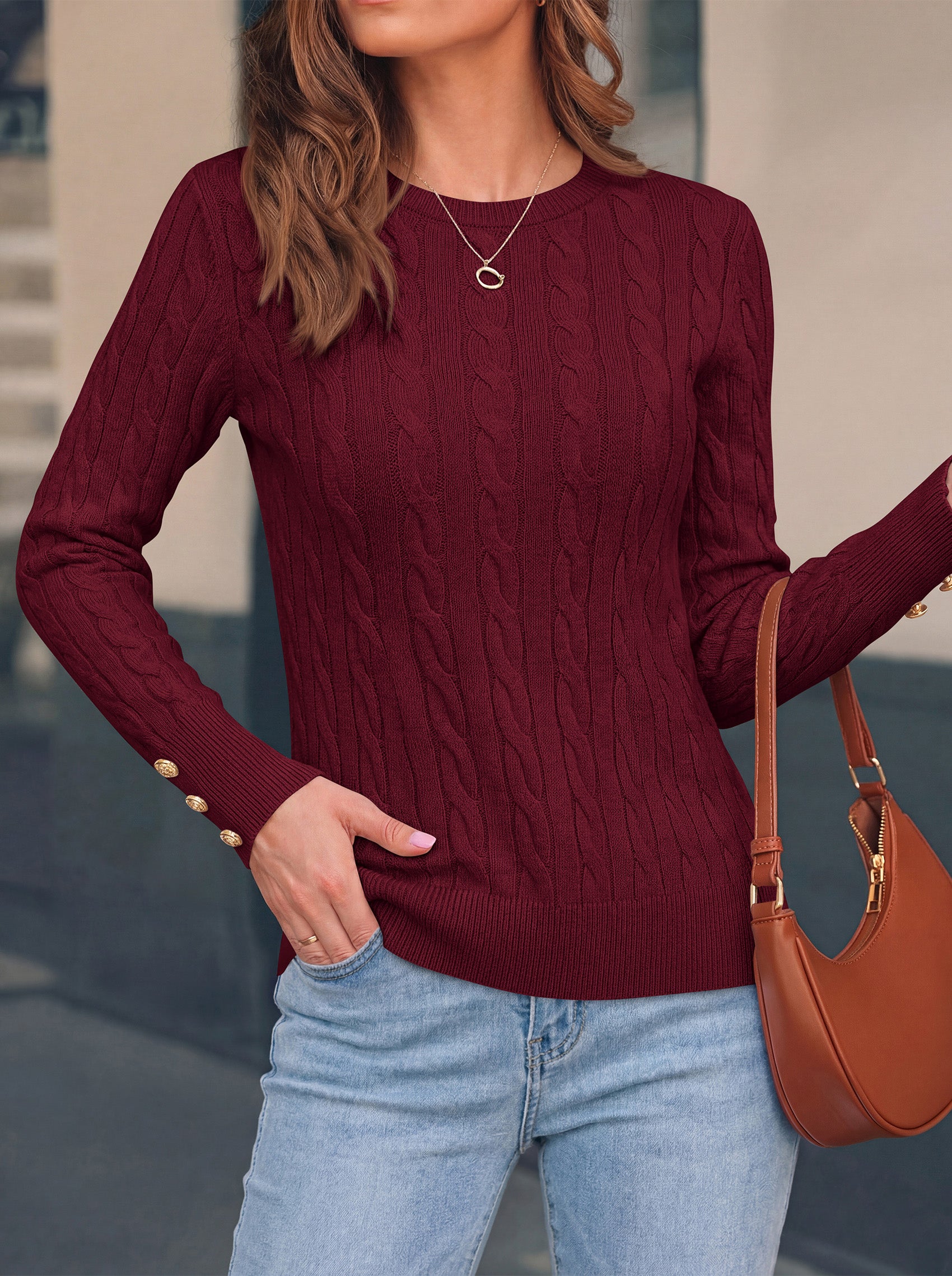 PRETTYGARDEN Fall Sweaters for Women Cable Knit Long Sleeve Button Cuffs | Slim Fit Sweater Tops Dressy Casual, Ribbed Crewneck Sweater Shirts, Women's Sweaters Fall Winter, Business Casual Outfits