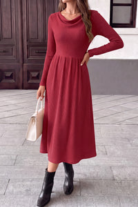 PRETTYGARDEN Women Casual Cowl Neck Long Sleeve Midi Dress