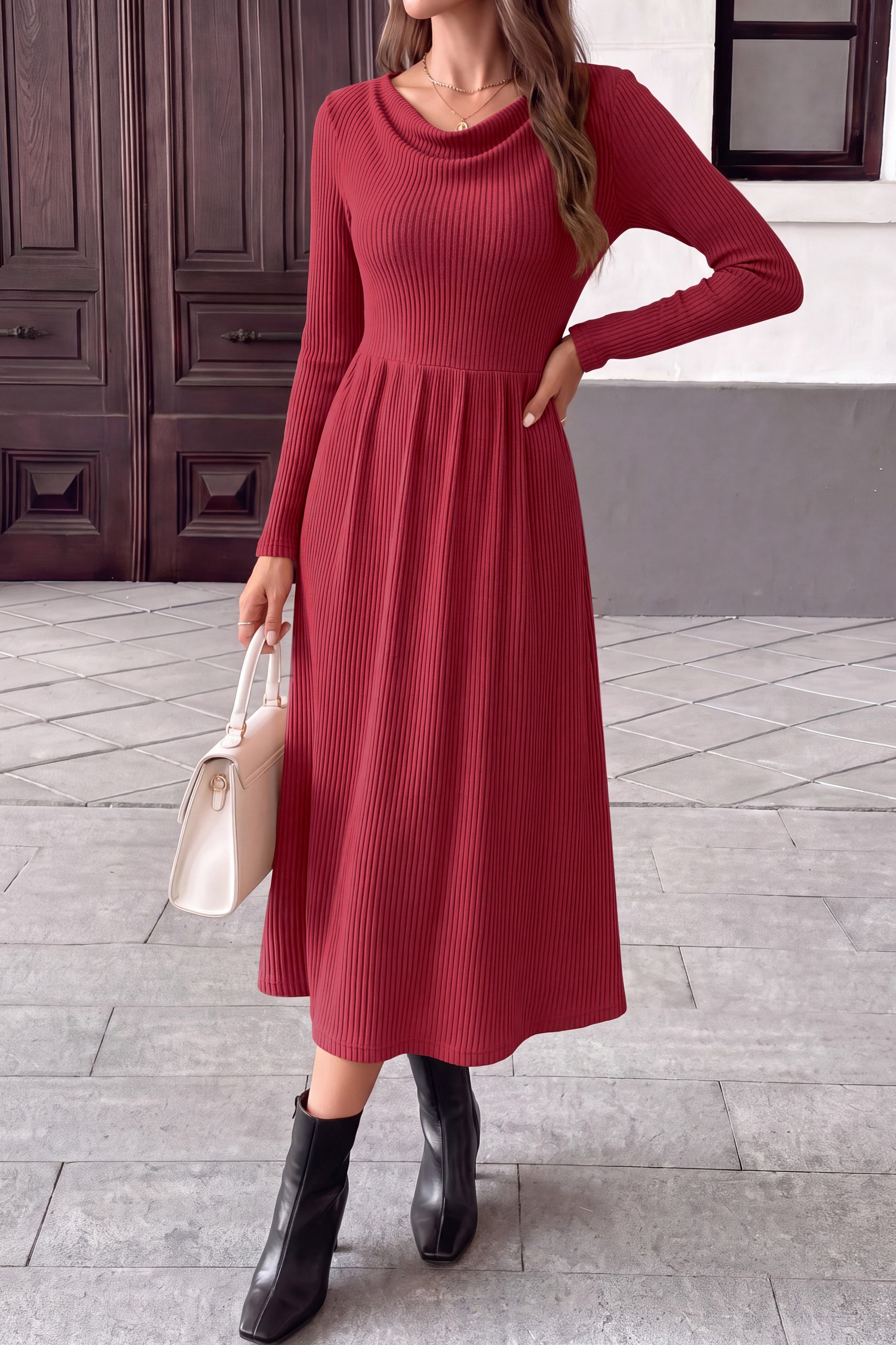 PRETTYGARDEN Women Casual Cowl Neck Long Sleeve Midi Dress
