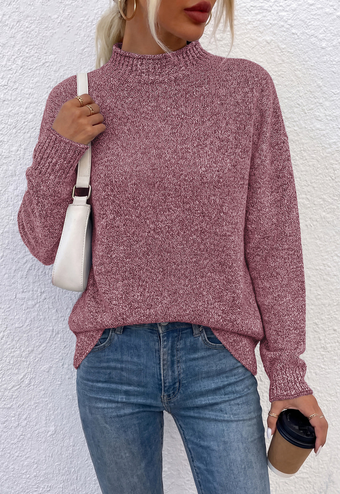 PRETTYGARDEN Womens Sweaters 2026 Mock Neck Ribbed Knit Fall Outfits | Long Sleeve Pullover Tops, Rolled Edge, Loose Fit, Soft Cotton Fabric, Comfy Cozy Sweater, Versatile Casual Cute Clothes
