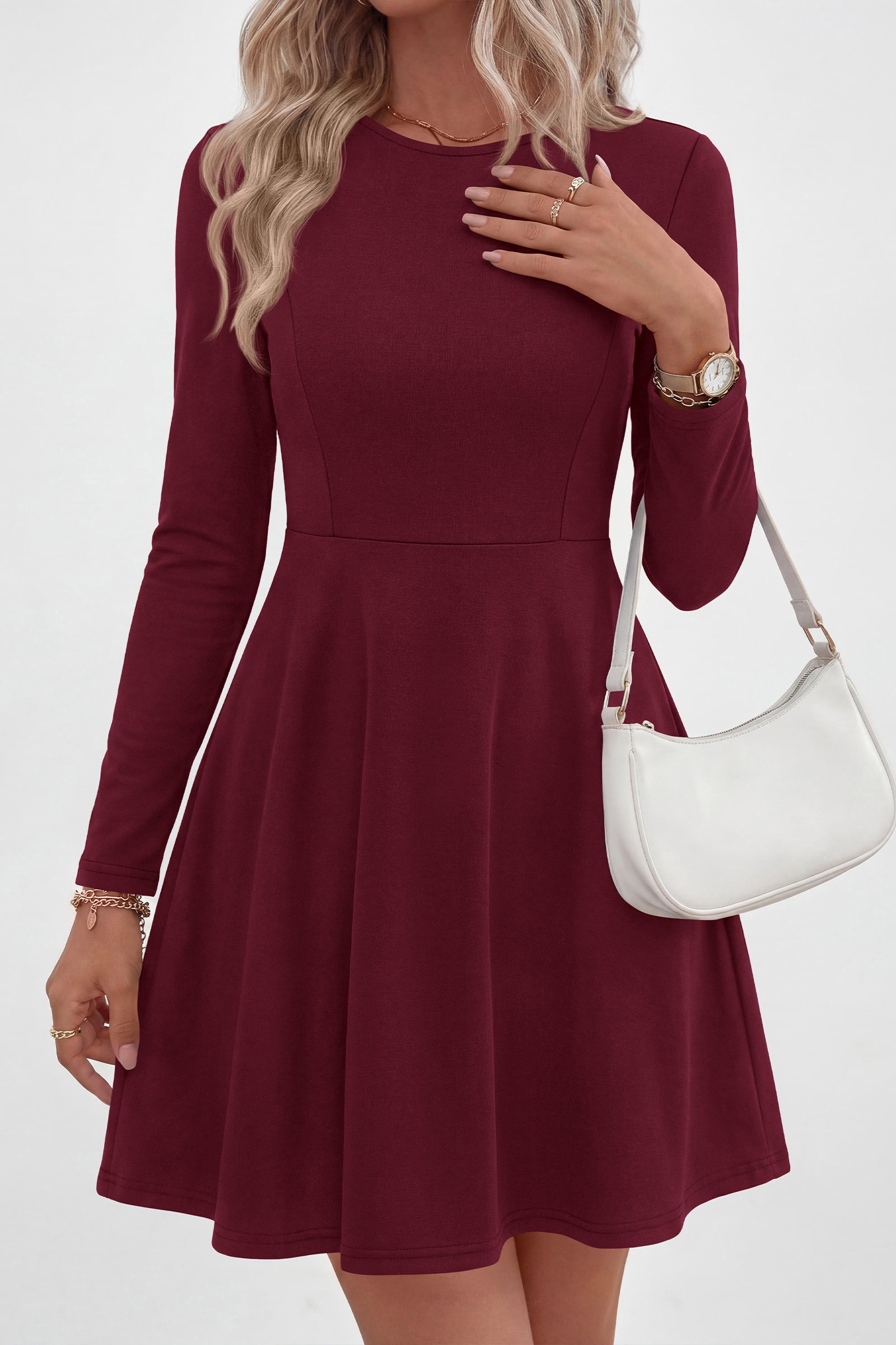 PRETTYGARDEN Women Basic Long Sleeve Crewneck Mini Dress