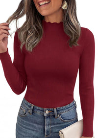 PRETTYGARDEN Women's Fall Long Sleeve Shirts Basic Tees | Soft Stretchy Ribbed Fabric, Lettuce Trim Mock Neck, Slim Fitted Cute Tops, Layering Fashion Clothing, Trendy Casual Outfits