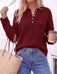 PRETTYGARDEN Women's Fall Button Up Cozy Pullover Sweaters | Stretchy Soft Knit, Drop Shoulder Long Sleeve Tops, Henley Crewneck Rolled Edge, Dressy Casual Blouses, Trendy Winter Clothes
