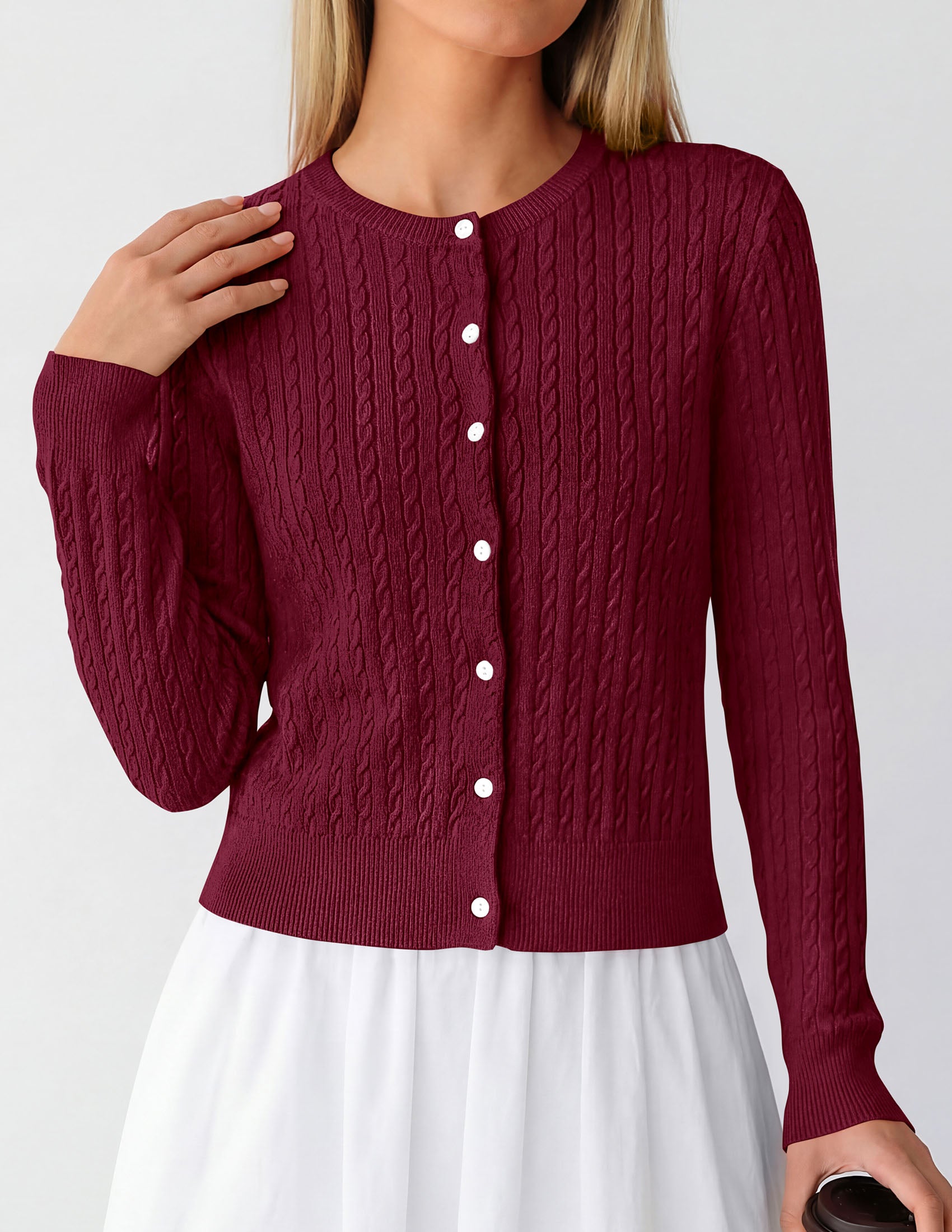 PRETTYGARDEN Women Lightweight Button Up Cardigan Sweaters | Soft Stretchy, Cozy Cable Knit, Long Sleeve Crew Neck, Trendy Cardigans, Cute Casual Outfits, Early Fall Fashion Clothing