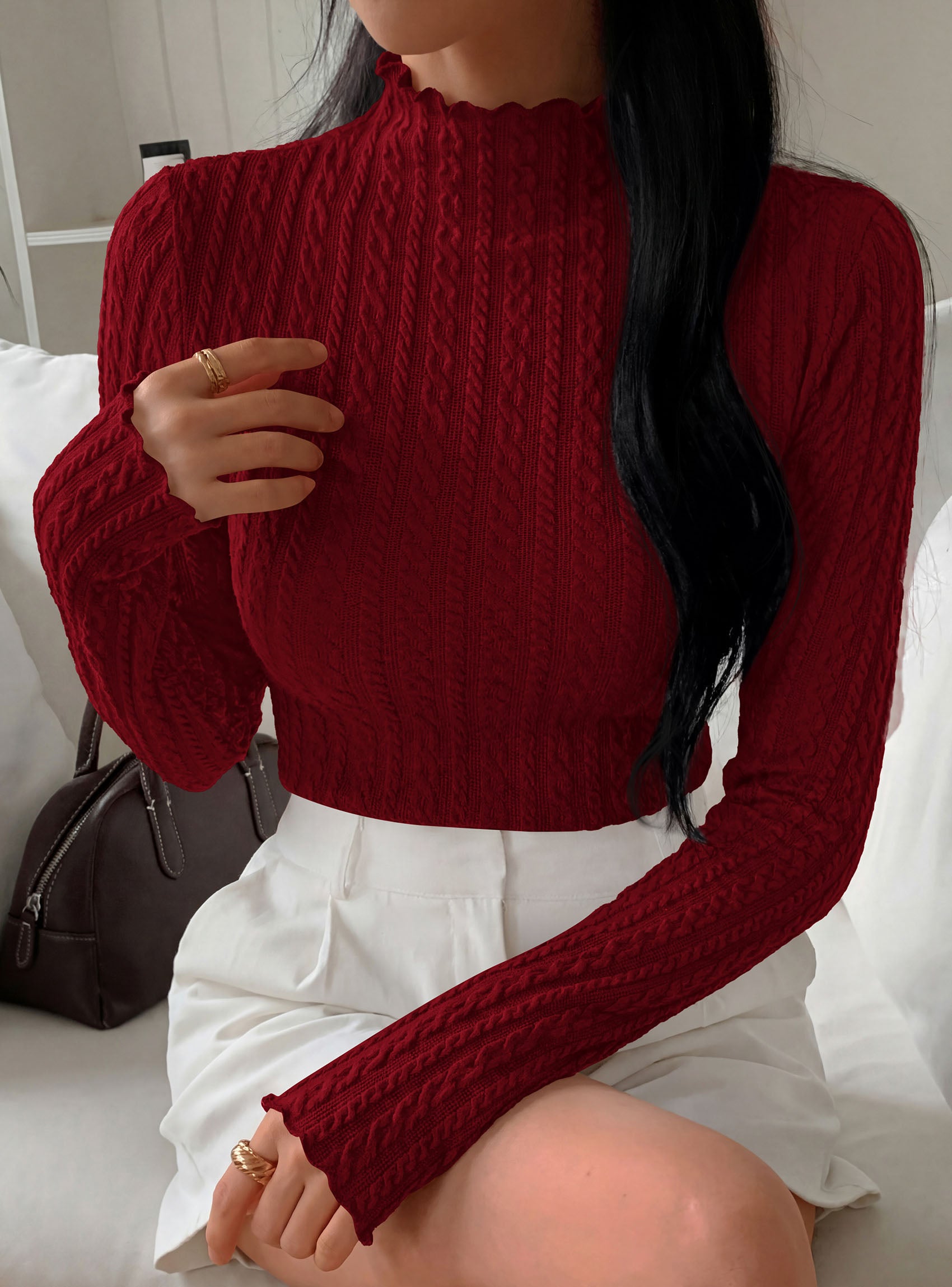 PRETTYGARDEN Women's Fall Long Sleeve Fitted Shirts | Comfy Stretchy Cable Knit, Trendy Lettuce Trim Mock Neck, Casual Basic Tees, Cute Layering Tops, 2026 Fashion Clothing
