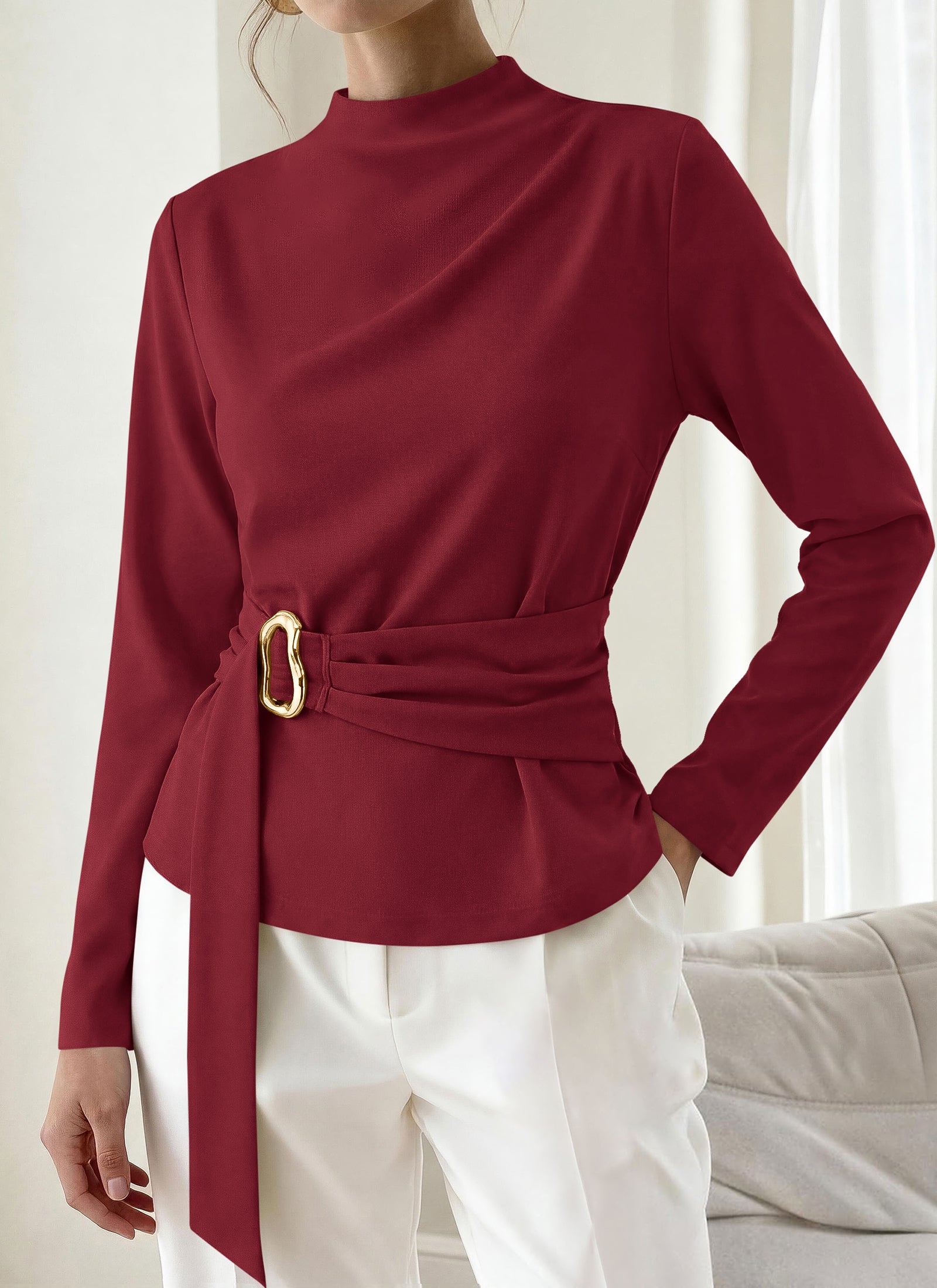 PRETTYGARDEN Women Blouses Fall Dressy Mock Neck Long Sleeve Work Shirts Buckle Belted Tunic Business Casual Tops