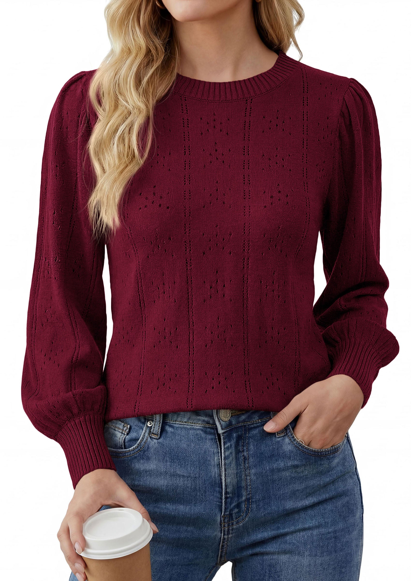 PRETTYGARDEN Women Fall Fashion Hollow Out Holiday Sweaters | Stretchy Cozy Knit, Puff Long Sleeve Pullover Tops, Crewneck Loose Fit, Dressy Casual Blouse, Trendy Winter Going Out Outfits