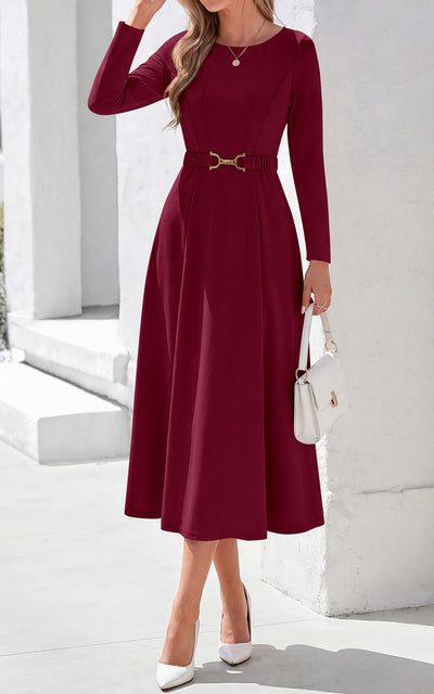 PRETTYGARDEN Women's Fall Long Sleeve Semi Formal Midi Dresses with Pockets Boat Neck, Metal Buckle Tie Waist, Flowy A Line, Elegant Classy Wedding Guest Cocktail Party Dress, Business Casual Outfits