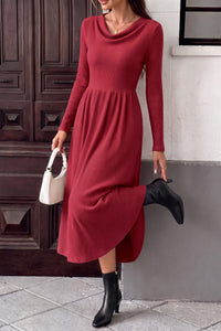 PRETTYGARDEN Women Casual Cowl Neck Long Sleeve Midi Dress