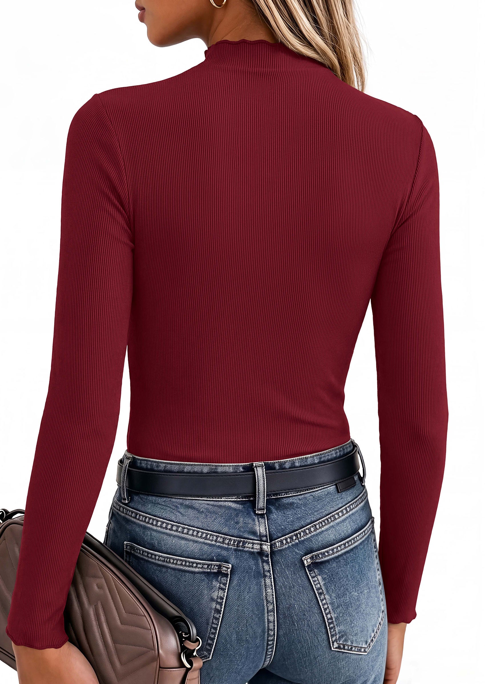 PRETTYGARDEN Women's Fall Long Sleeve Shirts Basic Tees | Soft Stretchy Ribbed Fabric, Lettuce Trim Mock Neck, Slim Fitted Cute Tops, Layering Fashion Clothing, Trendy Casual Outfits