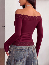 PRETTYGARDEN Women Lace Off the Shoulder Cute Going Out Tops | Y2K Cute Long Sleeve Slim Fit Cropped T-Shirt, Sexy Off Shoulder Tops for Women, Date Night Concert Tops,Fall Outfits 2026