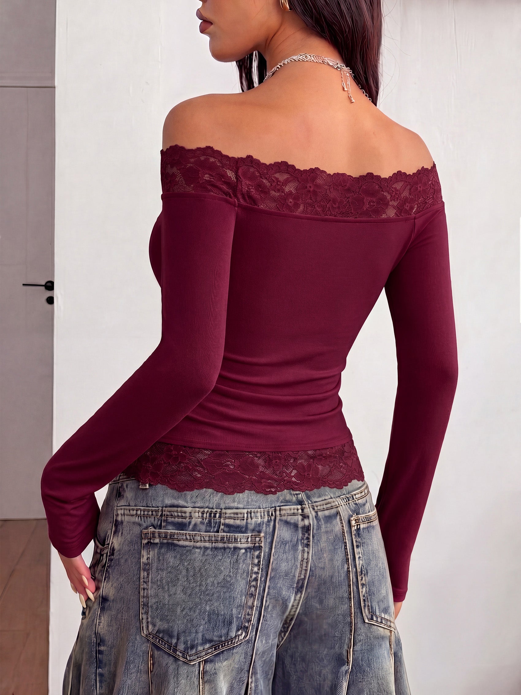 PRETTYGARDEN Women Lace Off the Shoulder Cute Going Out Tops | Y2K Cute Long Sleeve Slim Fit Cropped T-Shirt, Sexy Off Shoulder Tops for Women, Date Night Concert Tops,Fall Outfits 2026