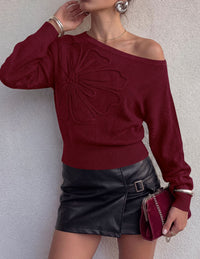 PRETTYGARDEN Women's Fall Off The Shoulder Sweater Tops   | 3D Flower Off Shoulder Sweater, Cinched Waist, Long Sleeve Cropped Sweaters, Knit Pullover Tops, Trendy Date Night Outfit