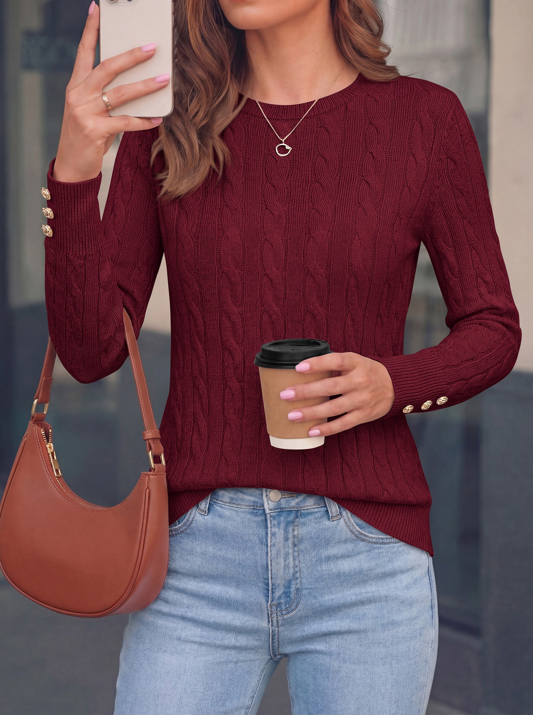 PRETTYGARDEN Fall Sweaters for Women Cable Knit Long Sleeve Button Cuffs | Slim Fit Sweater Tops Dressy Casual, Ribbed Crewneck Sweater Shirts, Women's Sweaters Fall Winter, Business Casual Outfits
