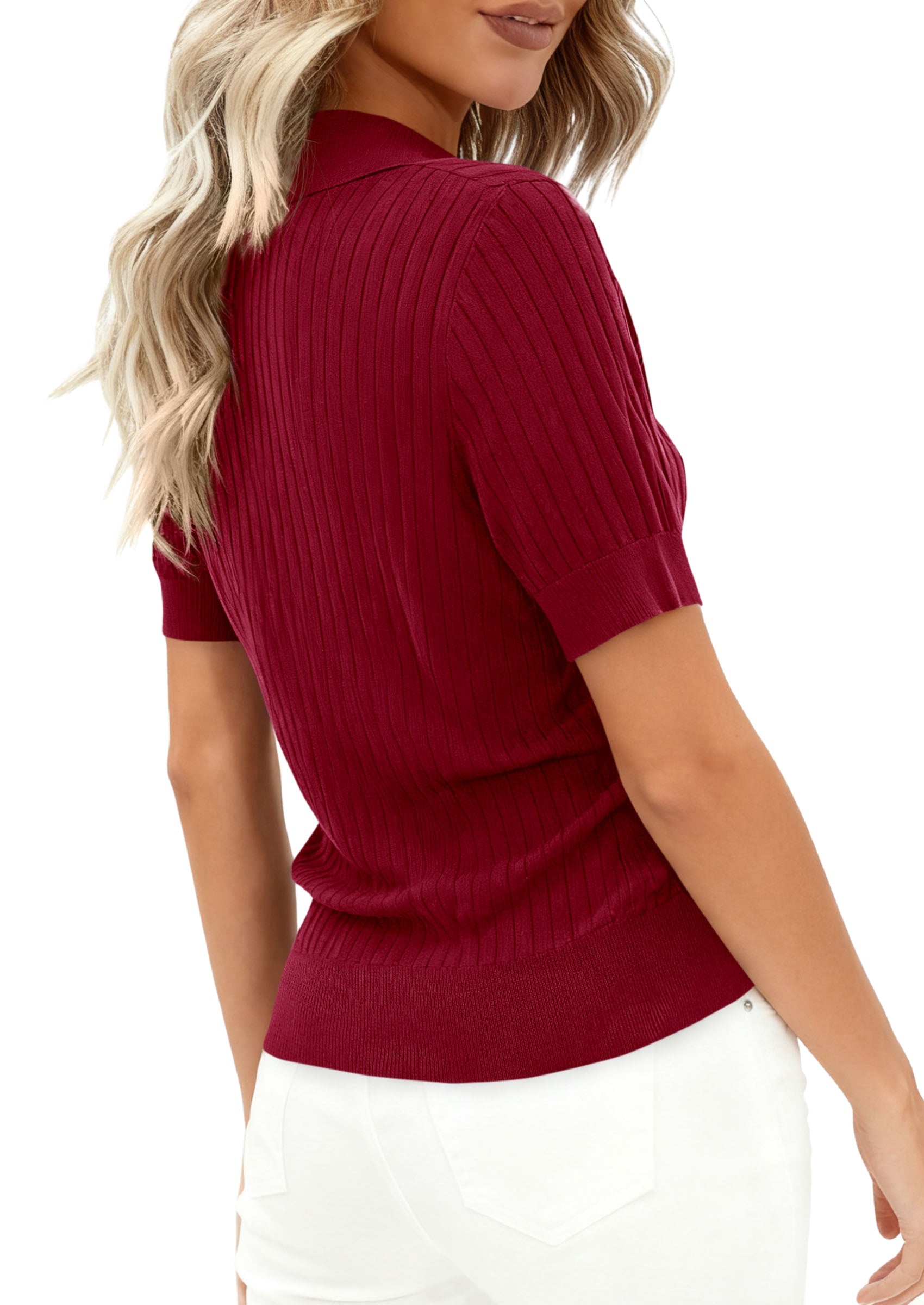 PRETTYGARDEN Women's Short Sleeve Sweater 2026 Spring Polo Shirts Ribbed Knit V Neck Business Casual Tops Summer Work Clothes PRETTYGARDEN
