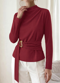 PRETTYGARDEN Women Blouses Fall Dressy Mock Neck Long Sleeve Work Shirts Buckle Belted Tunic Business Casual Tops