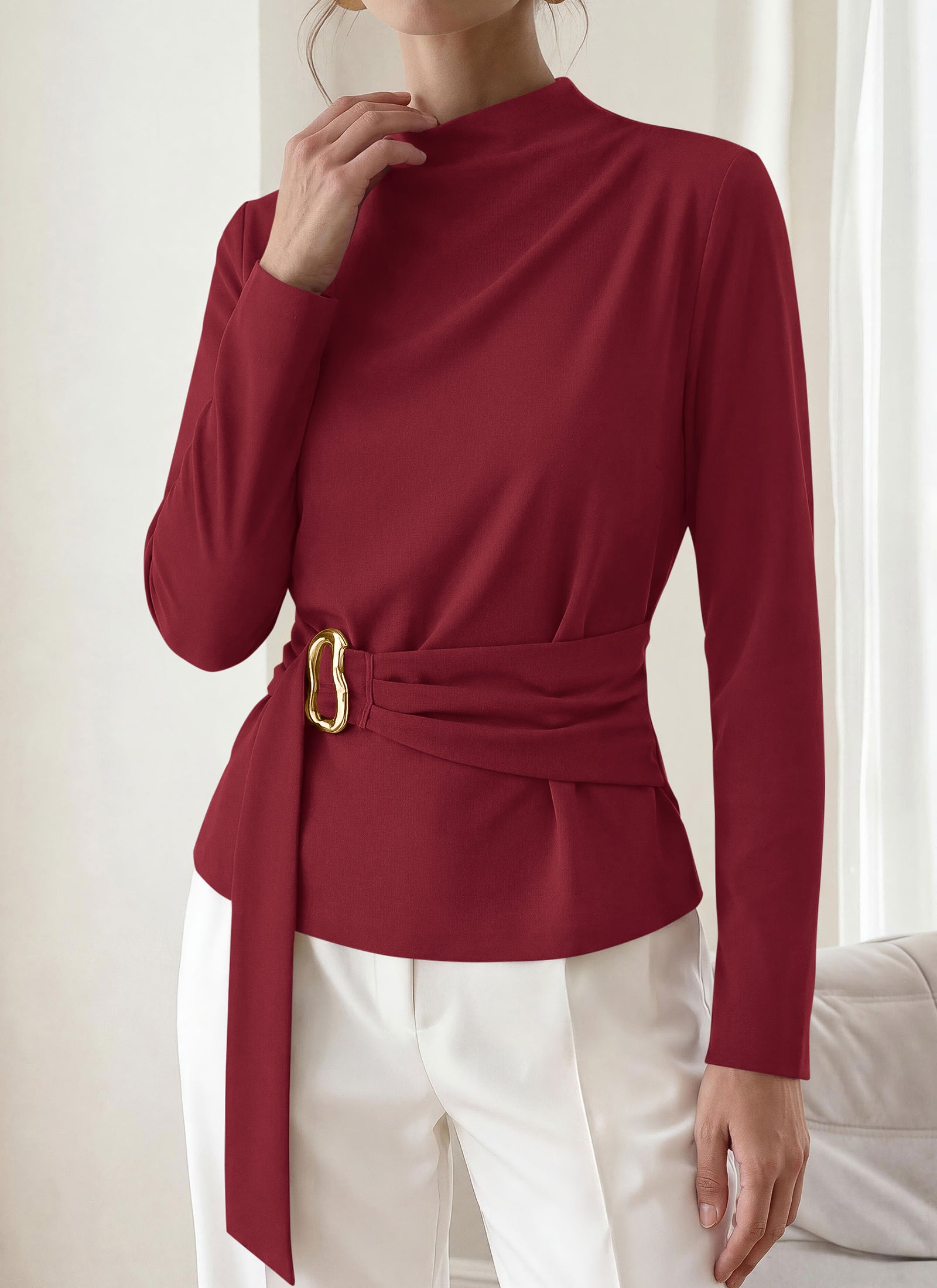 PRETTYGARDEN Women Blouses Fall Dressy Mock Neck Long Sleeve Work Shirts Buckle Belted Tunic Business Casual Tops