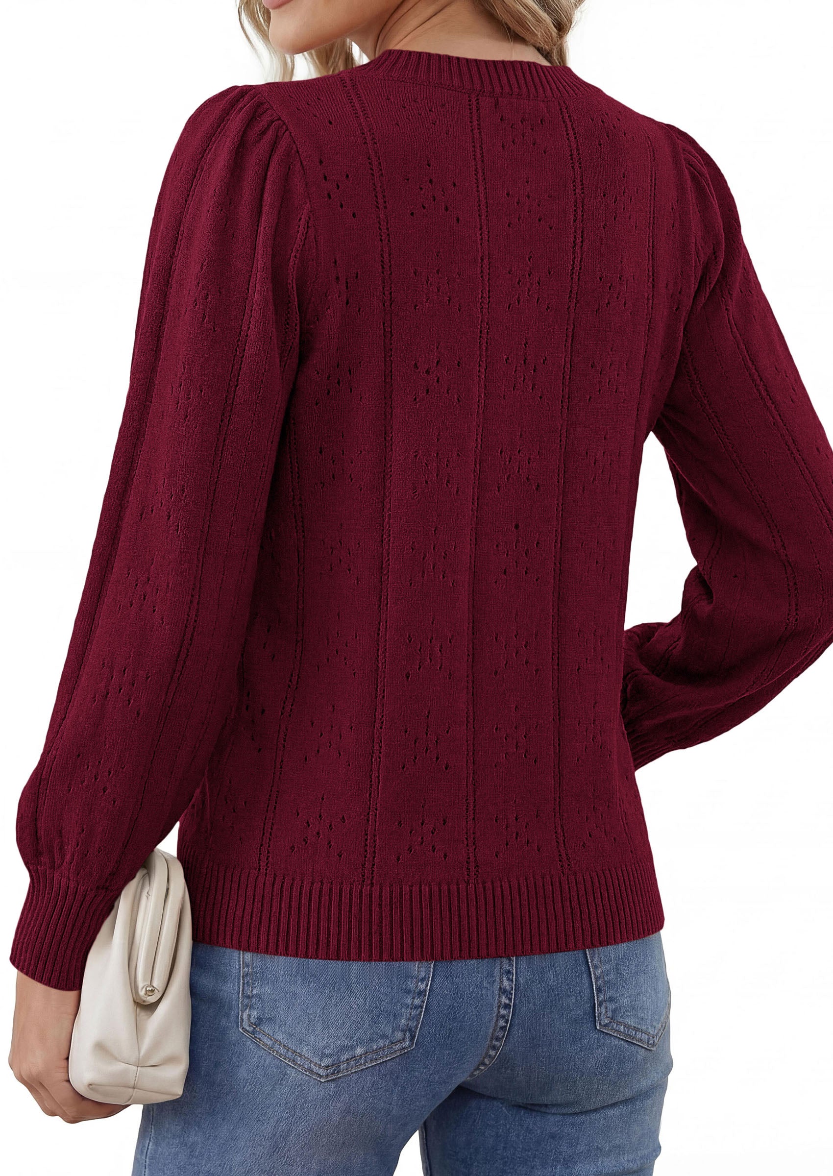 PRETTYGARDEN Women Fall Fashion Hollow Out Holiday Sweaters | Stretchy Cozy Knit, Puff Long Sleeve Pullover Tops, Crewneck Loose Fit, Dressy Casual Blouse, Trendy Winter Going Out Outfits
