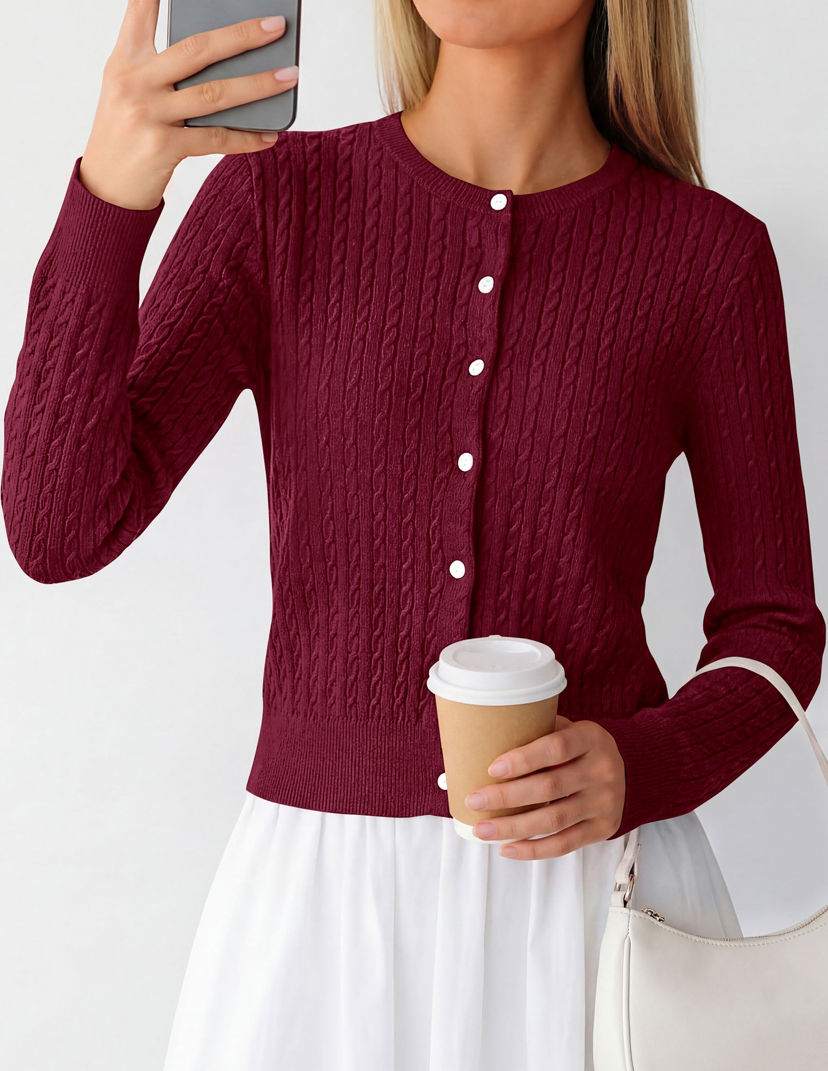 PRETTYGARDEN Women Lightweight Button Up Cardigan Sweaters | Soft Stretchy, Cozy Cable Knit, Long Sleeve Crew Neck, Trendy Cardigans, Cute Casual Outfits, Early Fall Fashion Clothing