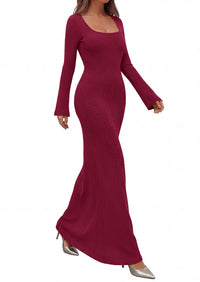 PRETTYGARDEN Women's Fall Long Sleeve Maxi Bodycon Dresses | Soft Stretchy Ribbed Knit, Bell Sleeve Square Neck Mermaid, Elegant Long Dress, Wedding Guest Party, 2026 Winter Clothing